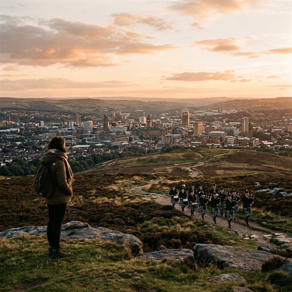 Hiker watching a marching pipe band on a hillside above a city